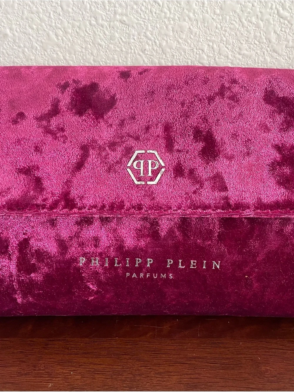 Philipp Plein Hot Pink Velvet Clutch/Cosmetic Bag with Silver Logo